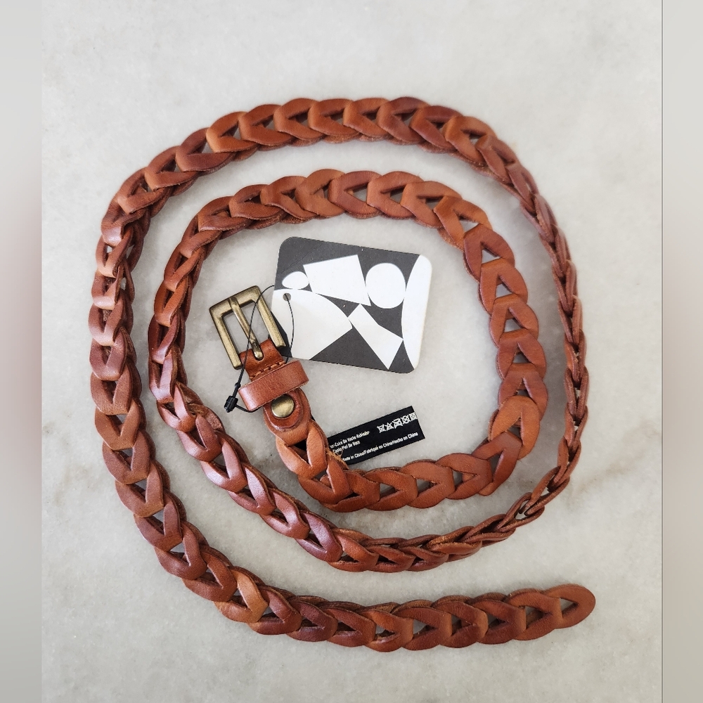 Urban Outfitters Brown Leather Loop Braid Belt with Brass Buckle NWT